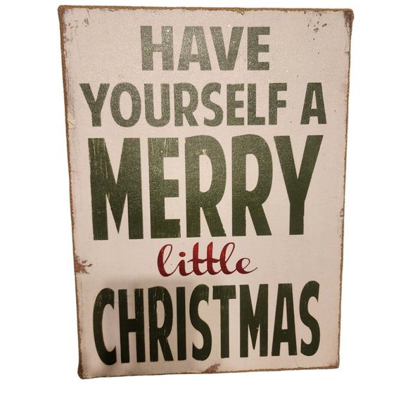 Have Yourself A Merry Little Christmas Burlap Wood Rustic Tabletop Sign 12" X 16 - Picture 1 of 12